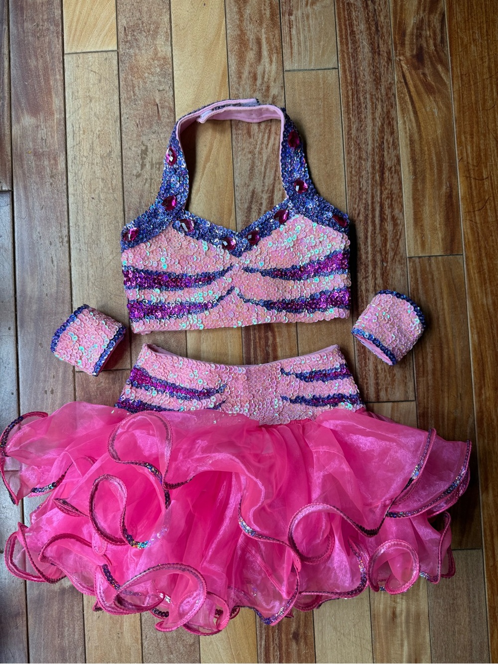 Sparkly Pink Sequin Dance Costume Set with Ruffle Skirt & Wrist Cuffs